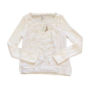 NWT Chicos Womens Sweater Sz S Mariah Macrame Pullover Optic White Knit Scoop